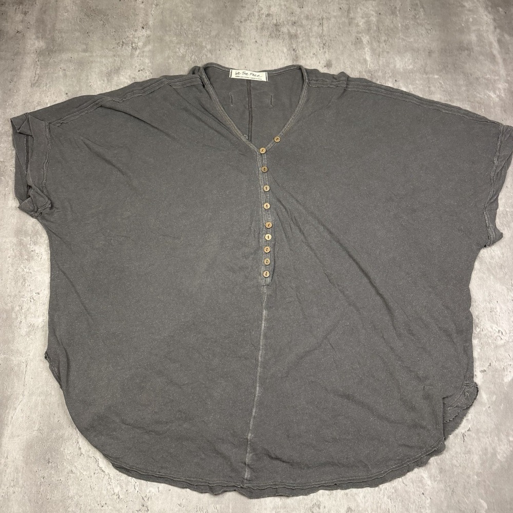 Free People We The Free Savannah Henley Tee M Gray Cotton Slouchy Oversized
